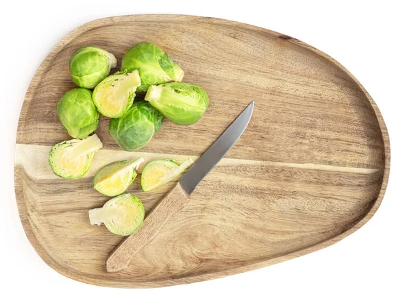 Brussel Sprouts Cutting Board Knife Isolated White Background Brussels Sprouts — Stock Photo, Image