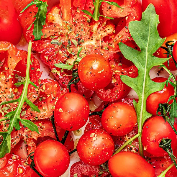 Ripe Fresh Tomatoes Salad Background Food Concept Fresh Heirloom Cherry — 스톡 사진
