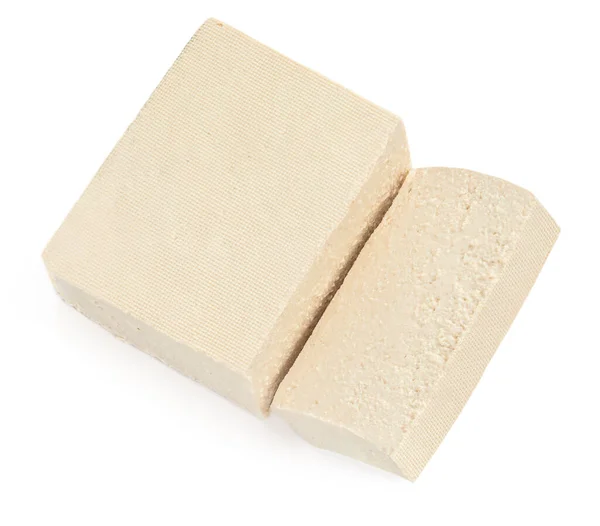 Tofu Ost Isolerad Vit Bakgrund Tärnad Tofu Ovanifrån Ett Platt — Stockfoto