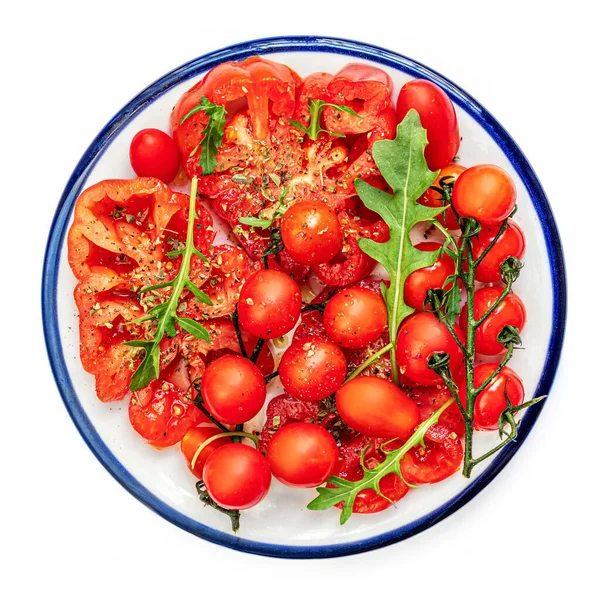 Ripe Fresh Tomatoes Salad Herbs Spices Plate Isolated White Background — 스톡 사진