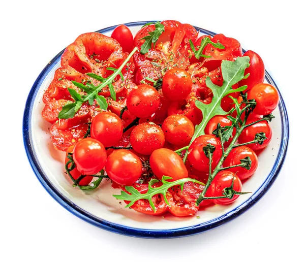 Ripe Fresh Tomatoes Salad Herbs Spices Plate Isolated White Background — 스톡 사진