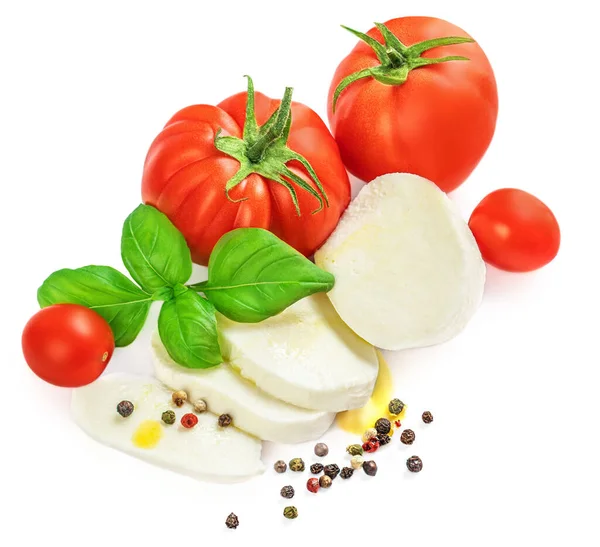 Queso Mozzarella Con Hoja Albahaca Especias Tomates Aislados Sobre Fondo — Foto de Stock