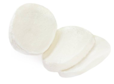 Beyaz arka planda izole edilmiş Mozzarella peyniri. Mozzarella 'nın Dilimleri