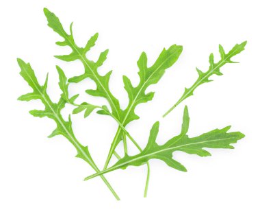 Rucola yaprakları beyaz arkaplanda yalıtılmış. Yeşil roket salatası ya da roka yaprağı, üst manzara. Düz la
