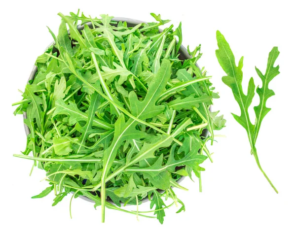 Rucola Foglie Una Ciotola Isolata Sfondo Bianco Insalata Rucola Fresca — Foto Stock