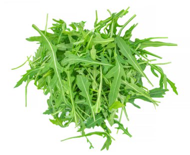 Rucola yaprakları beyaz arkaplanda yalıtılmış. Yeşil roket salatası ya da roka yaprağı, üst manzara. Düz la
