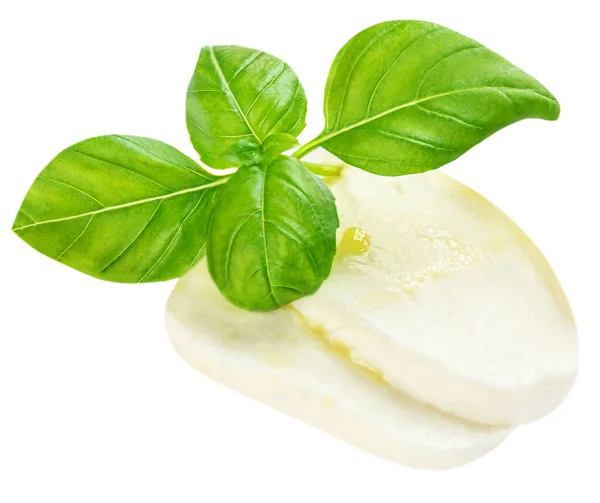 バジルの葉が白を基調としたモッツァレラチーズ モッツァレラチーズのスライス — ストック写真