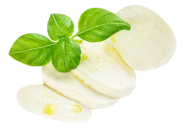Mozzarella Kaas Met Basilicum Bladeren Geïsoleerd Witte Achtergrond Snijwonden Van — Stockfoto