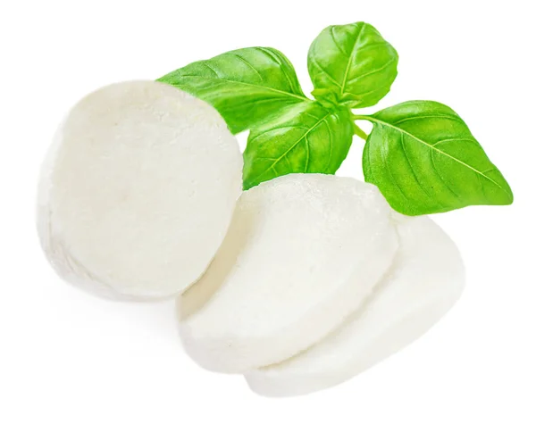 Queso Mozzarella Con Hojas Albahaca Aisladas Sobre Fondo Blanco Rebanadas — Foto de Stock