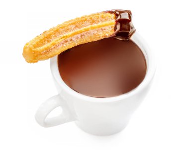 Churros. Beyaz bir arka planda izole edilmiş şekerli ve çikolatalı hamur tatlısı. Churro çubukları, üst manzara.