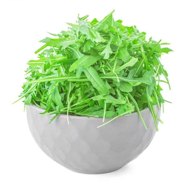 Frische Arugula Einer Schüssel Isoliert Auf Weißem Hintergrund Bio Ruccola — Stockfoto