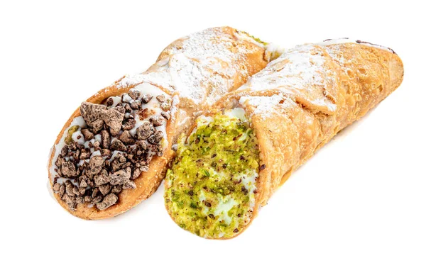 Cannoli Isolated Traditional Homemade Sicilian Dessert Canolli Cream Cheese Top — Stock Photo, Image