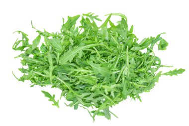 Rucola yaprakları beyaz arkaplanda yalıtılmış. Yeşil roket salatası ya da roka yaprağı, üst manzara. Düz la