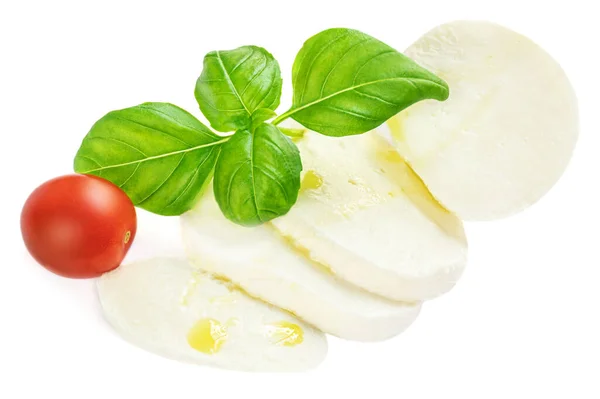 Mozzarella Ost Med Basilika Blad Och Tomat Isolerad Vit Bakgrund — Stockfoto