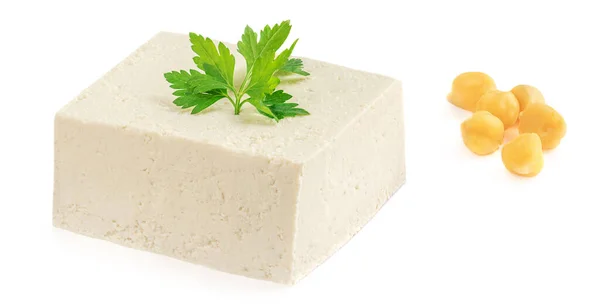 Tofu Geïsoleerd Witte Achtergrond Tofu Kaas Met Erwtenbonen Closeup — Stockfoto