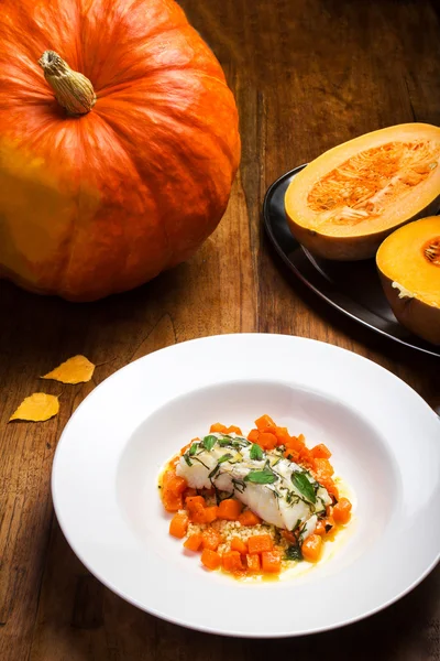 Seared scallops, garnished pumpkin — Stock Photo, Image