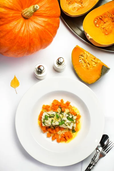 Seafood with pumpkin garnish — Stock Photo, Image