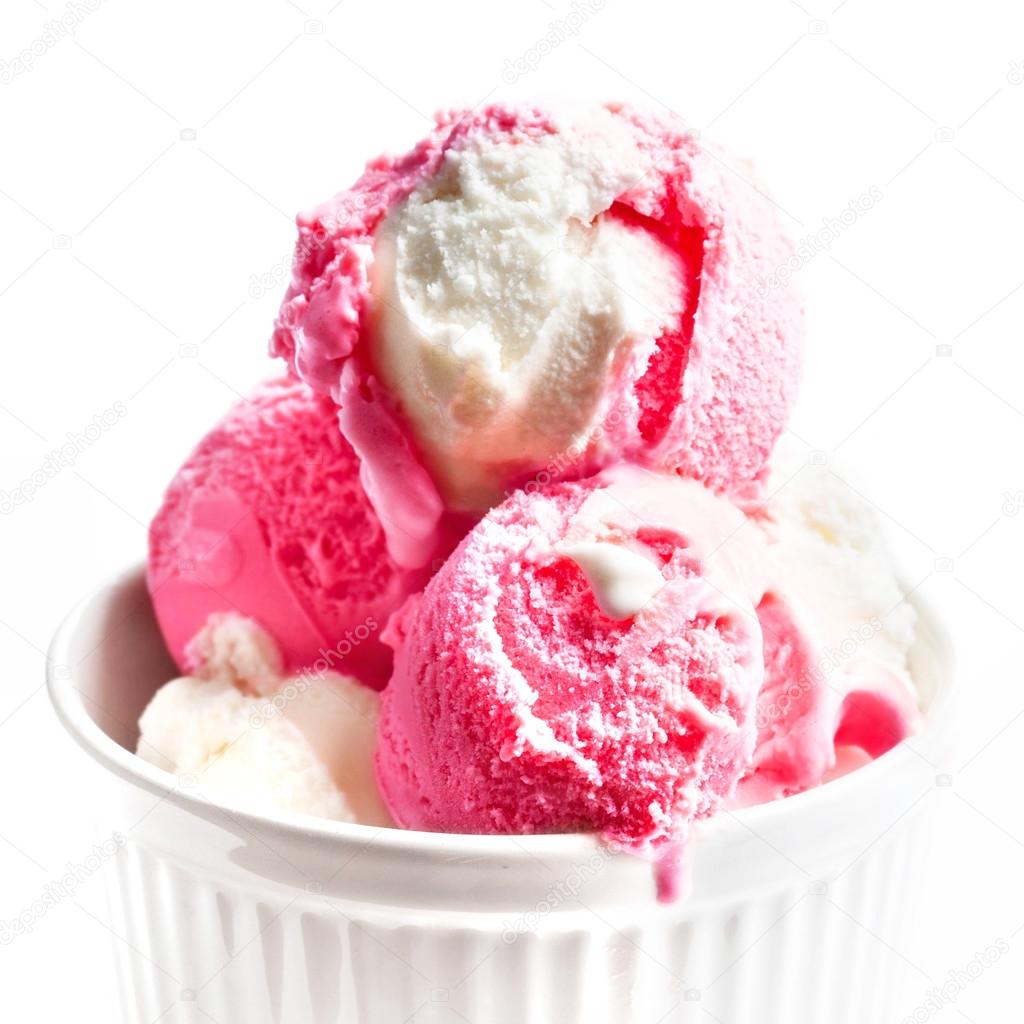 Strawberry ice cream in a white bowl