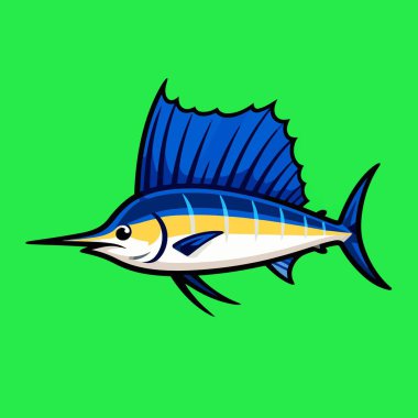 Bir kılıçbalığı karikatür vektör görüntüsünde uzun bir gövdesi ve uzun, sivri bir gagası olan stilize ve oyuncu bir kılıçbalığı yer alır.