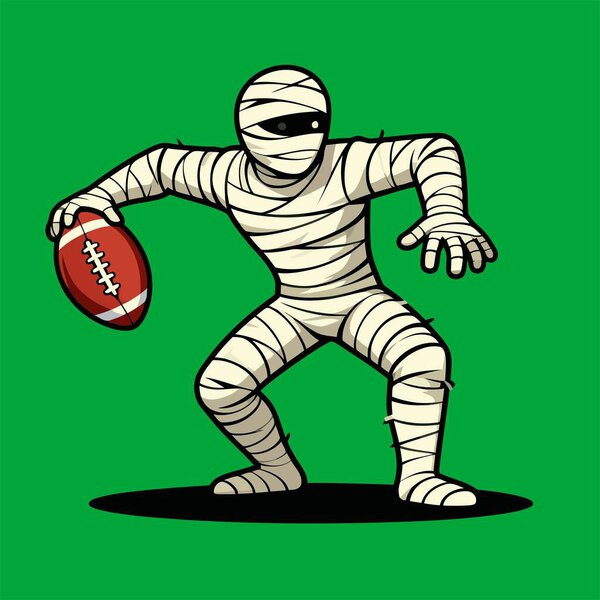 cartoon vector image of a mummy playing American football shows a fun and energetic mummy character wrapped in white bandages, with some loose strips flying to emphasize movement