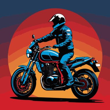 Motosiklet süren bir motorcunun vektör görüntüsü, dinamik ve cesur bir şekilde resmedilmiş.