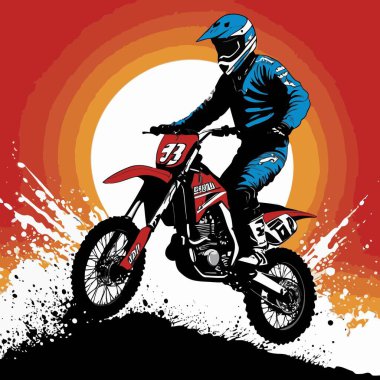 Motosiklet süren bir motorcunun vektör görüntüsü, dinamik ve cesur bir şekilde resmedilmiş.