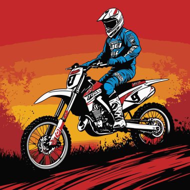 Motosiklet süren bir motorcunun vektör görüntüsü, dinamik ve cesur bir şekilde resmedilmiş.