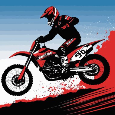 Motosiklet süren bir motorcunun vektör görüntüsü, dinamik ve cesur bir şekilde resmedilmiş.