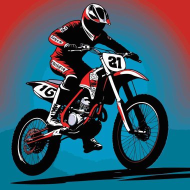 Motosiklet süren bir motorcunun vektör görüntüsü, dinamik ve cesur bir şekilde resmedilmiş.