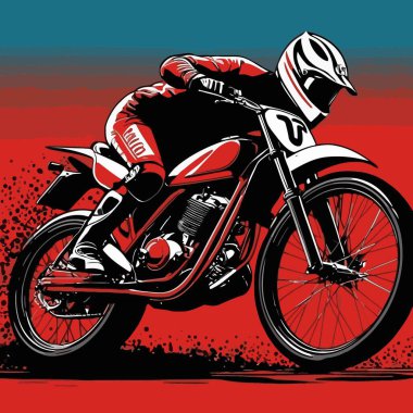 Motosiklet süren bir motorcunun vektör görüntüsü, dinamik ve cesur bir şekilde resmedilmiş.