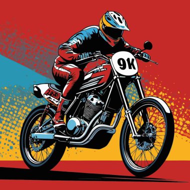 Motosiklet süren bir motorcunun vektör görüntüsü, dinamik ve cesur bir şekilde resmedilmiş.