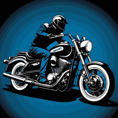Motosiklet süren bir motorcunun vektör görüntüsü, dinamik ve cesur bir şekilde resmedilmiş.