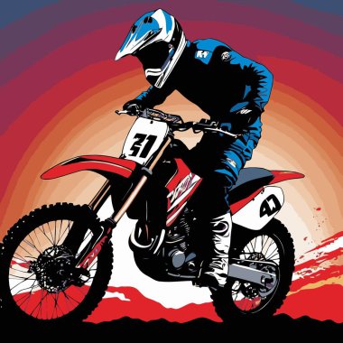 Motosiklet süren bir motorcunun vektör görüntüsü, dinamik ve cesur bir şekilde resmedilmiş.