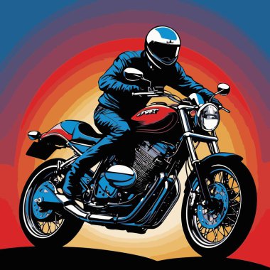 Motosiklet süren bir motorcunun vektör görüntüsü, dinamik ve cesur bir şekilde resmedilmiş.