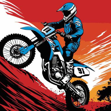 Motosiklet süren bir motorcunun vektör görüntüsü, dinamik ve cesur bir şekilde resmedilmiş.