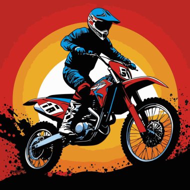 Motosiklet süren bir motorcunun vektör görüntüsü, dinamik ve cesur bir şekilde resmedilmiş.