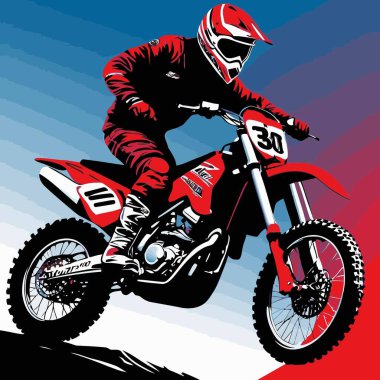 Motosiklet süren bir motorcunun vektör görüntüsü, dinamik ve cesur bir şekilde resmedilmiş.
