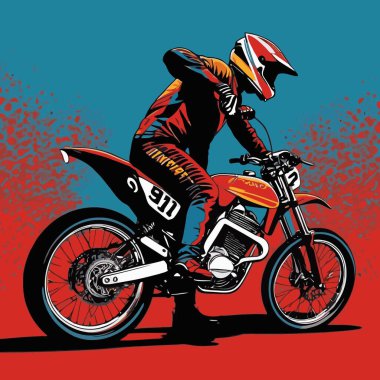 Motosiklet süren bir motorcunun vektör görüntüsü, dinamik ve cesur bir şekilde resmedilmiş.