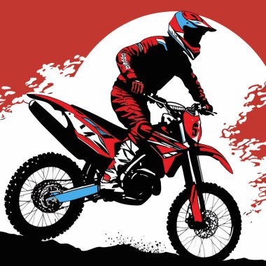 Motosiklet süren bir motorcunun vektör görüntüsü, dinamik ve cesur bir şekilde resmedilmiş.