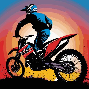 Motosiklet süren bir motorcunun vektör görüntüsü, dinamik ve cesur bir şekilde resmedilmiş.