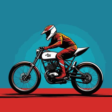 Motosiklet süren bir motorcunun vektör görüntüsü, dinamik ve cesur bir şekilde resmedilmiş.