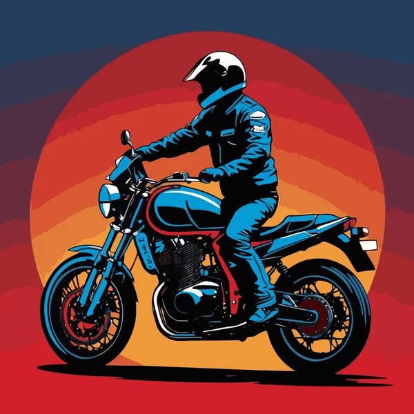 Motosiklet süren bir motorcunun vektör görüntüsü, dinamik ve cesur bir şekilde resmedilmiş.