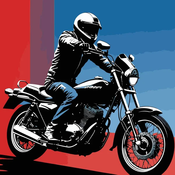 Motosiklet süren bir motorcunun vektör görüntüsü, dinamik ve cesur bir şekilde resmedilmiş.