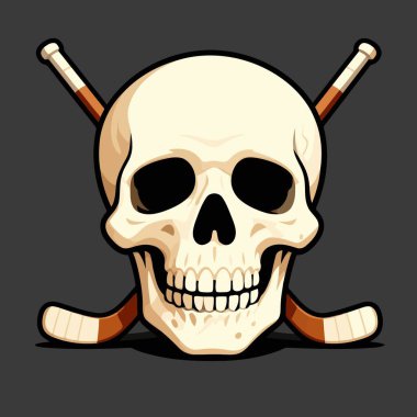 Arka planda iki çapraz hokey sopası olan bir kafatasının vektör görüntüsü, cesur ve çarpıcı bir şekilde tasarlanmış.