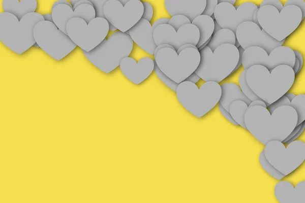 Gelber leuchtender Hintergrund mit vielen ultimativen grauen Herzen in verschiedenen Größen. Illustrationsvorlage Banner für den Valentinstag. Farbtrend des Jahres 2021 — Stockfoto