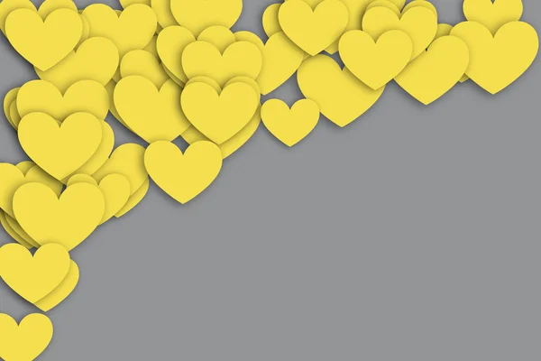 Végső szürke háttér sok sárga megvilágító szív különböző méretű. Illusztráció sablon banner Valentin nap. Az év színes trendje 2021 — Stock Fotó