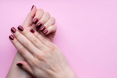 Güzel manikürlü kadın elleri - Pembe arka planda koyu kırmızı parlak tırnaklar ve fotokopi alanı