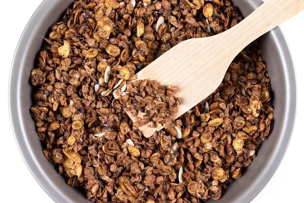 Organic Homemade Roasted Granola Cereal Oats Flax Almonds Chocolate Sunflower — Stock Photo, Image