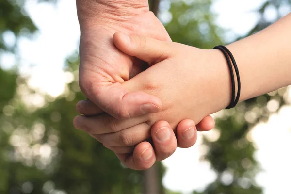 Father Holds Hand Child Daughter Blurred Nature Outdoor Background Trust — Stock Photo, Image