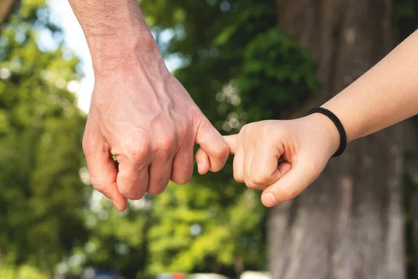 Father Child Daughter Hold Little Fingers Blurred Nature Outdoor Background — Stock Photo, Image